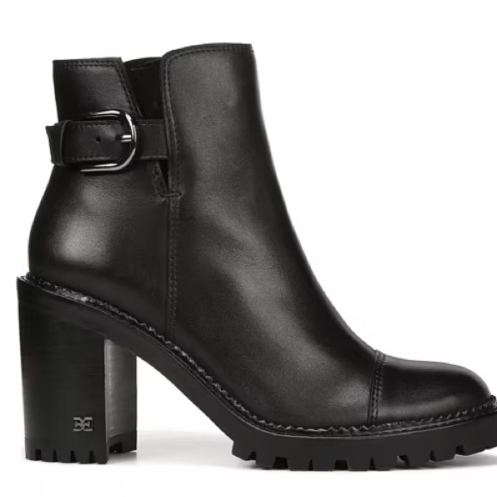 Sam Edelman Shania Black Leather Booties – Lug Sole Block Heel